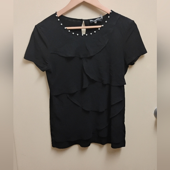 Karl Lagerfeld Pearl Neckline Tiered Short Sleeve Blouse Sz XS - Picture 1 of 4